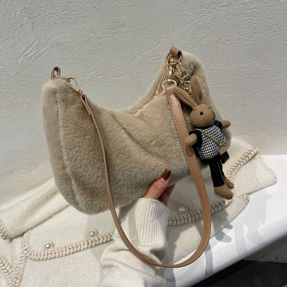 Trendy Zipper Plush Shoulder Bag, Stylish All-Match Crossbody Bag, Versatile Bag With Rabbit Pendant