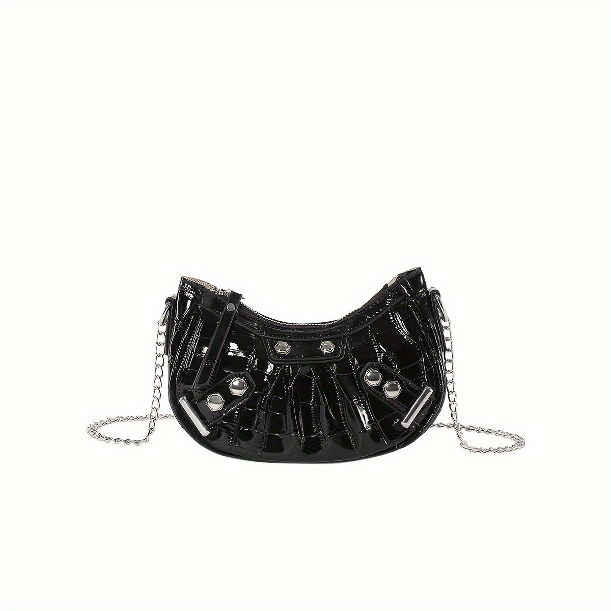 realaiot  Luxury Chain Crossbody Bag, Punk Style Rivet Crescent Bag, Fashion Mini Shoulder Purse