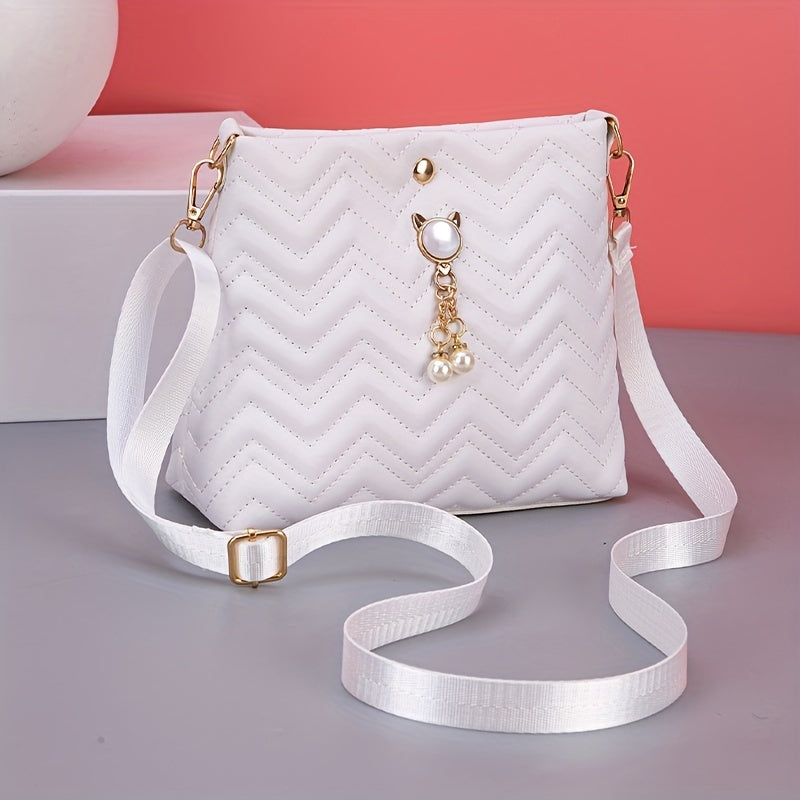 realaiot Wave Quilted Bucket Bag, Trendy Mini Crossbody Bag, Women's Shoulder Handbag & Purse