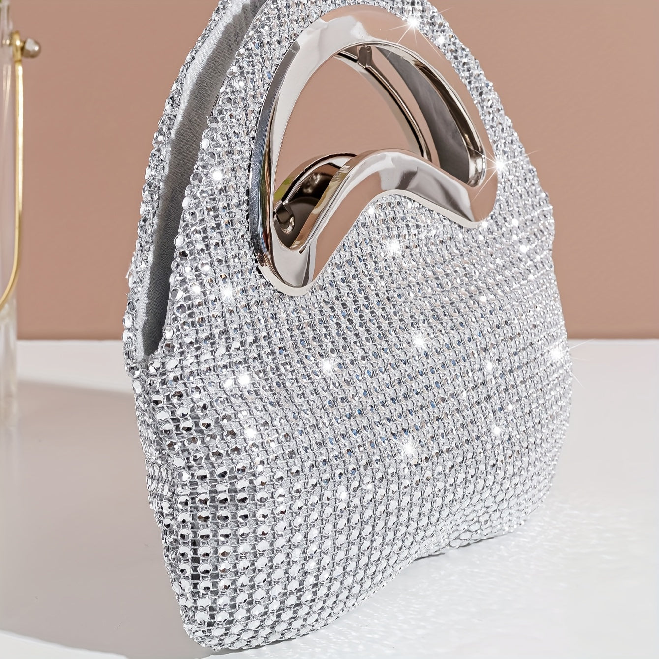 realaiot All Over Rhinestone Decor Handbag, Glitter Luxury Sliver Satchel Dinner Bag, Women's Dress Evening Bag