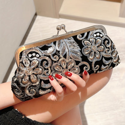 realaiot  Flower Pattern Metal Chain Handbag, Elegent Textured Fabric Frame Purse, Classic Dinner Evening Bag