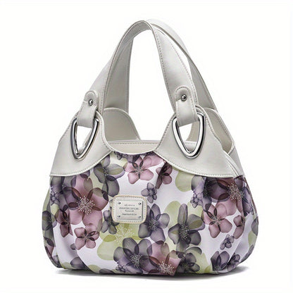 realaiot  Floral Print Top Handle Tote Bag, Fashion PU Satchel Bag, Women's Trendy Casual Handbag & Purse