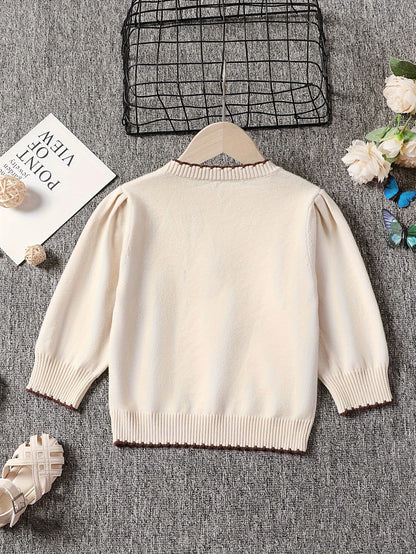 Flowers Decor Lettuce Trim Knit Sweater For Girls, Comfy Warm Long Sleeve Jumper Top Pullover, Fall/ Winter Clothing