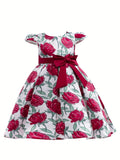 Elegant Floral Print Bowknot Princess Dress for Girls - Fit & Flare Midi with Lace-Up Detail