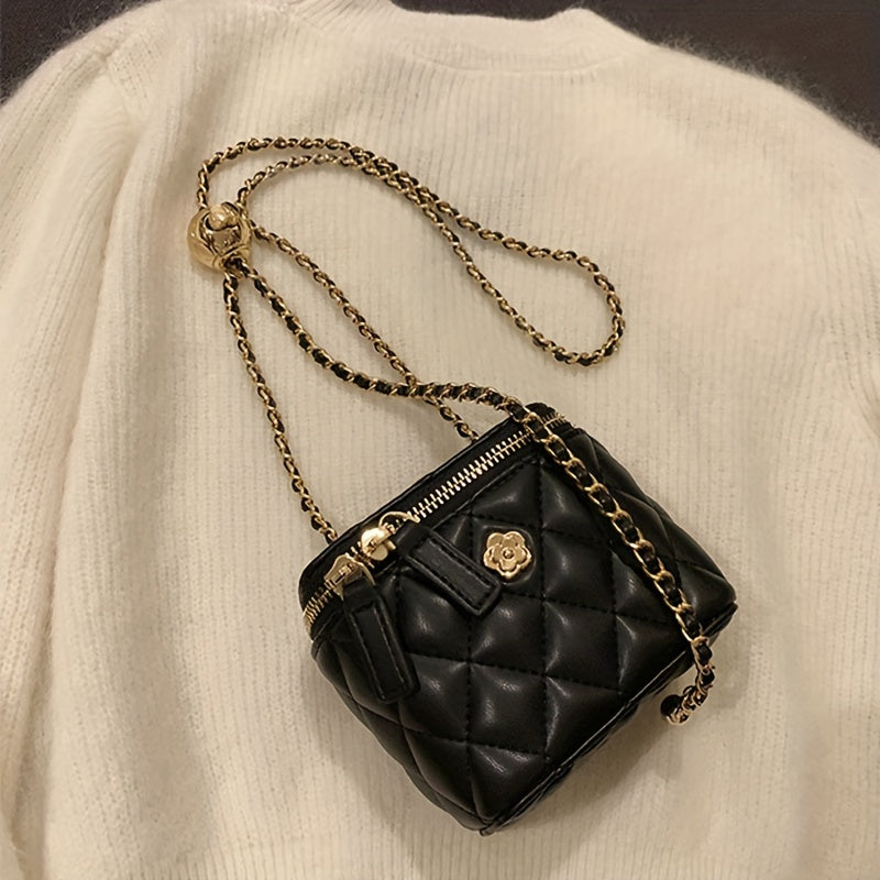 realaiot  Mini Elegant Square Shoulder Chain Bag, Flower Decor Argyle Pattern Zipper Handbag Wallet For Women