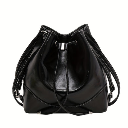 Mini Drawstring Bucket Bag, Color Contrast Crossbody Bag, Women's PU Leather Shoulder Bag