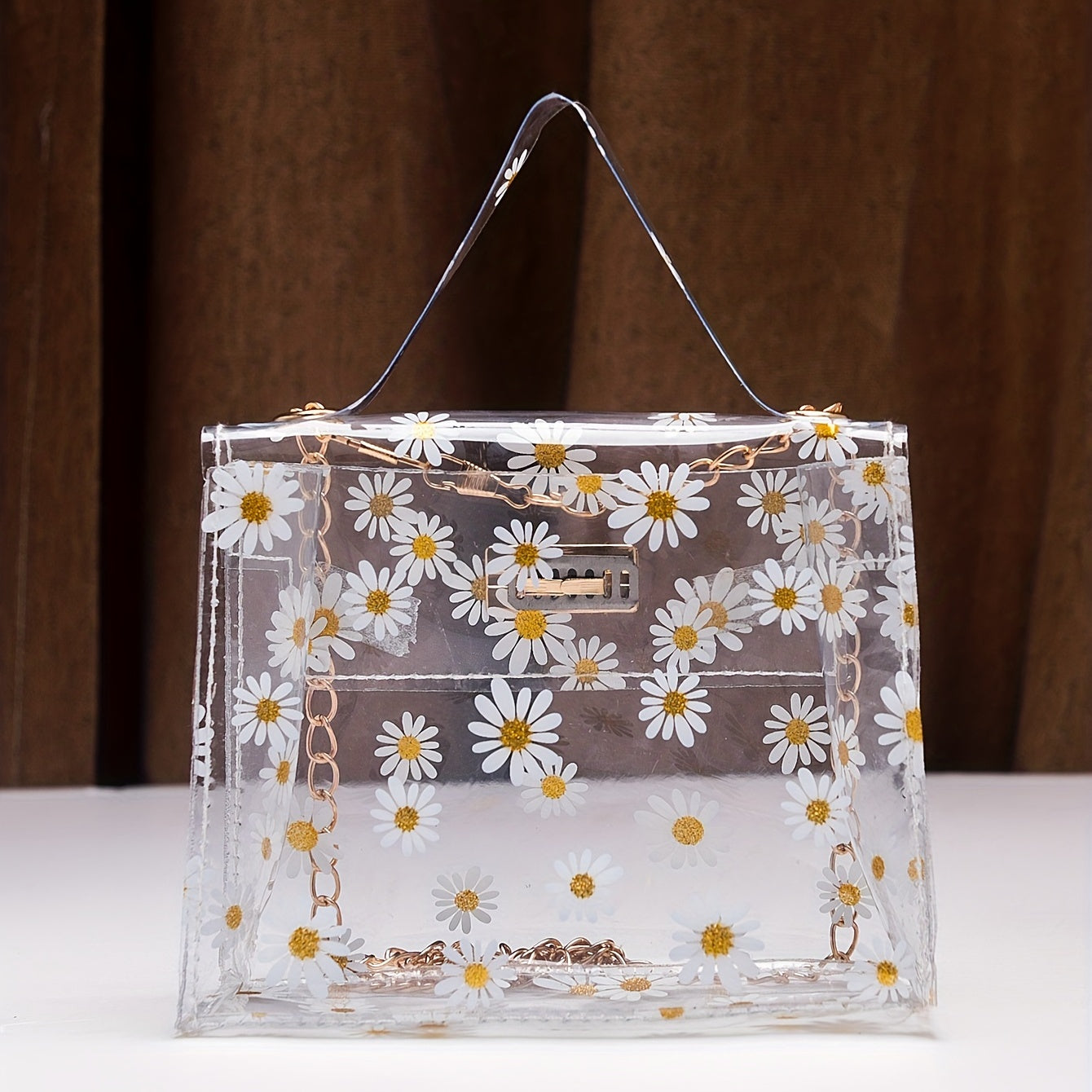 Daisy Pattern Transparent Shoulder Chain Bag, Stylish Turn-Lock Handbag, Women's Purse