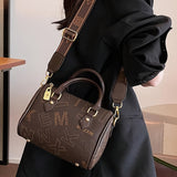 realaiotVintage Letter Print Boston Bag, Women's PU Leather Handbag, Trendy Mini Crossbody Purse With Wide Strap