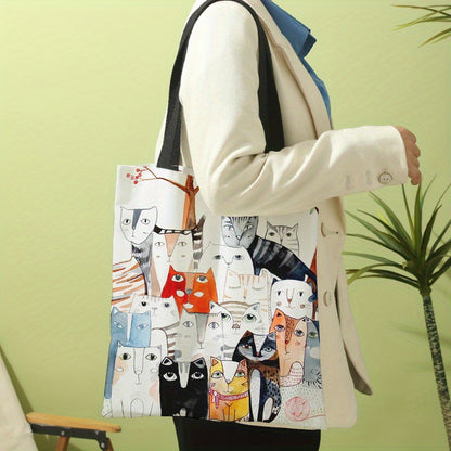 realaiot  Cartoon Cats Print Shoulder Bag, All-Match Canvas Satchel Bag, Lightweight Shopper Bag