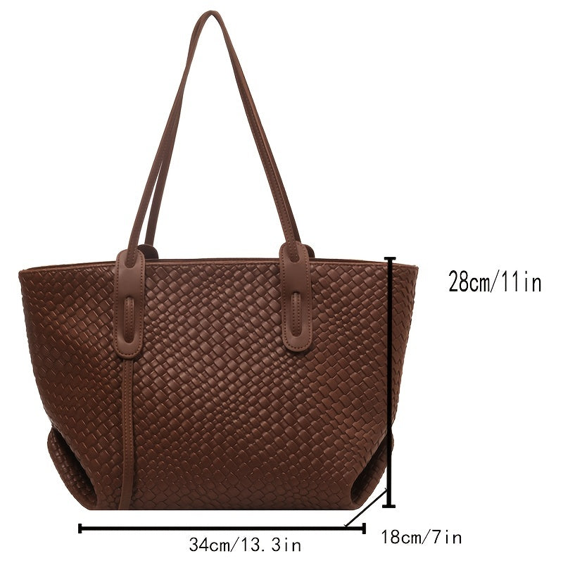 Stylish Woven Tote Bag, Women's PU Leather Handbag, Large Shoulder Bag For Travel School Daily Work Shopping