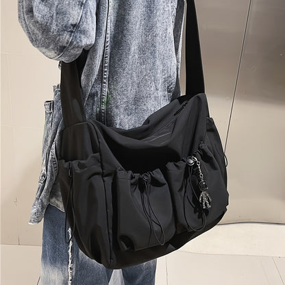 realaiot  Drawstring Detail Crossbody Bag, Large Capacity Shoulder Bag, Fashion Zipper Bag With Bag Charm