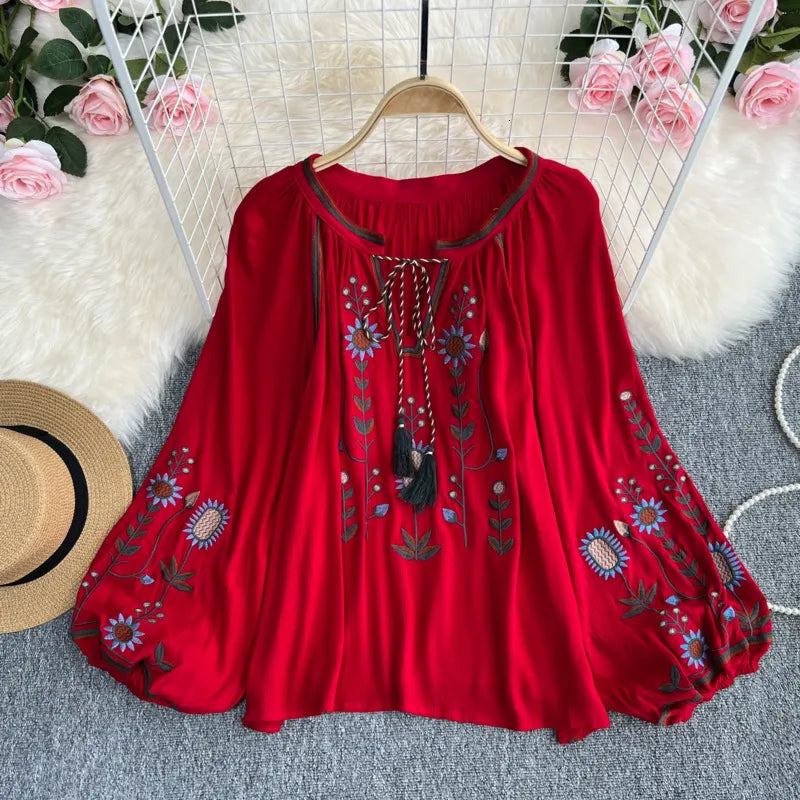 TEELYNN BOHO blouse cotton floral embroidered blouses tassel long lantern sleeve loose Casual hippie women tops blouse and shirt 210315