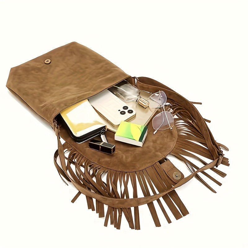 realaiot  Imitation Suede Fringe Hobo Bag, Vintage Tassel Crossbody Bag, Trendy Western Style Flap Shoulder Bag