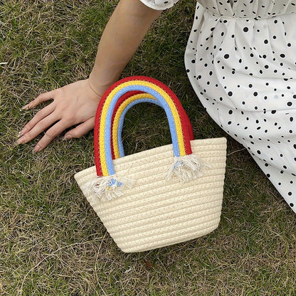 realaiot  Straw Woven Tote Bag, Rainbow Handle Basket Bag, Women's Casual Handbag For Beach Travel