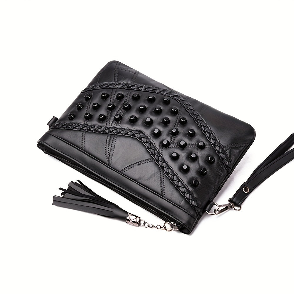 Studded Decor Crossbody Bag, Gothic Black Shoulder Bag, Trendy Wrist Clutch Purse With Tassel