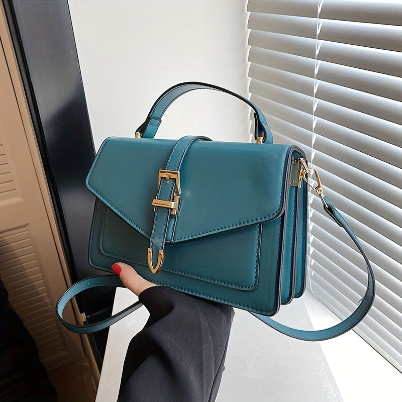 realaiot Solid Color Crossbody Bag, Fashion Buckle Decor Handbags, Women's Small Flap Square Purse