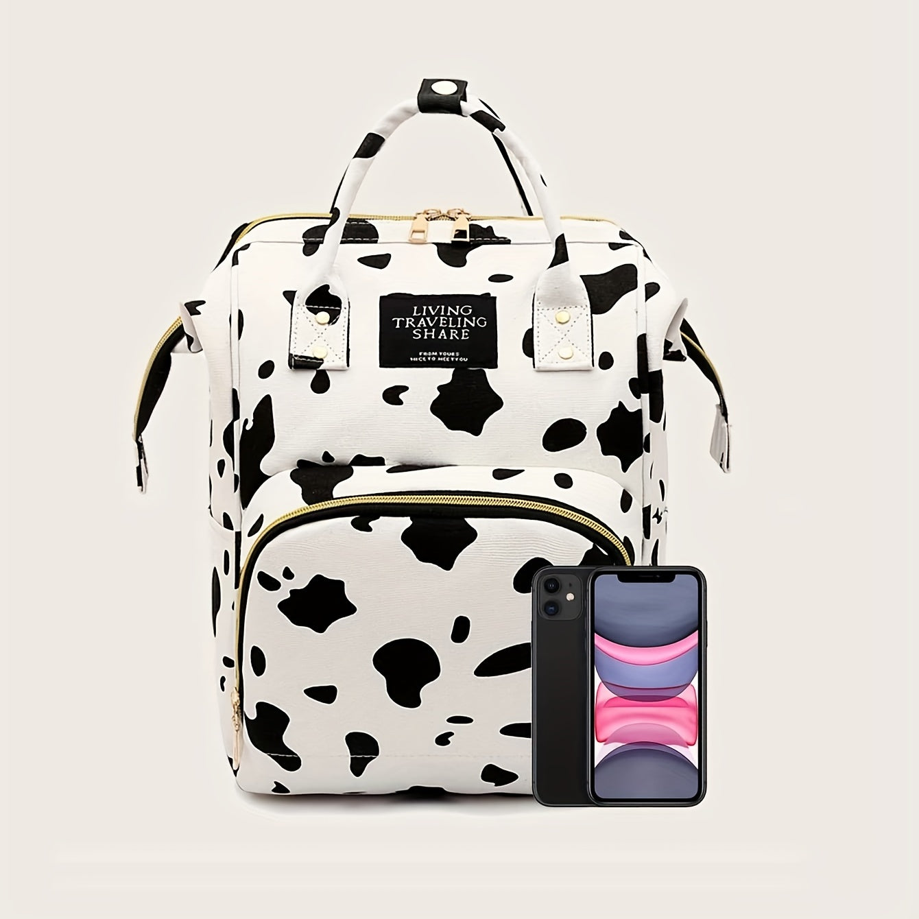 realaiot  Stylish Cow Pattern Backpack, Trendy Zipper Rucksack, Versatile Women's Travel Diaper Bag