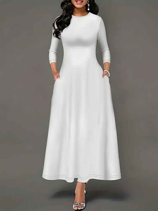 Plus Size Solid Color Dress, Casual Long Sleeve Crew Neck Maxi Dress, Women's Plus Size Clothing