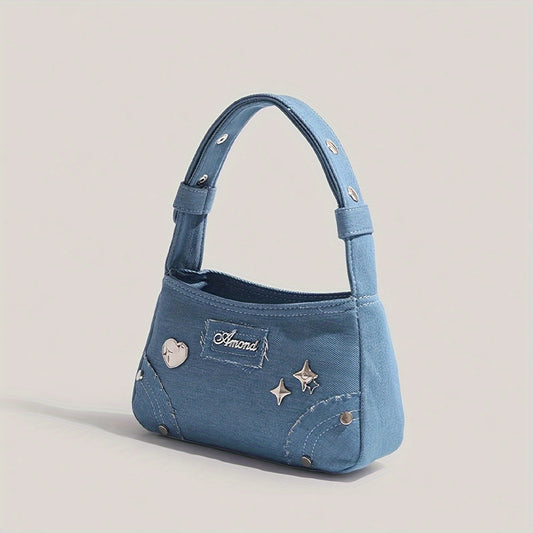 realaiot  Trendy Denim Shoulder Bag, Y2K Star Decor Handbag, Vintage Design Underarm Purse For Women