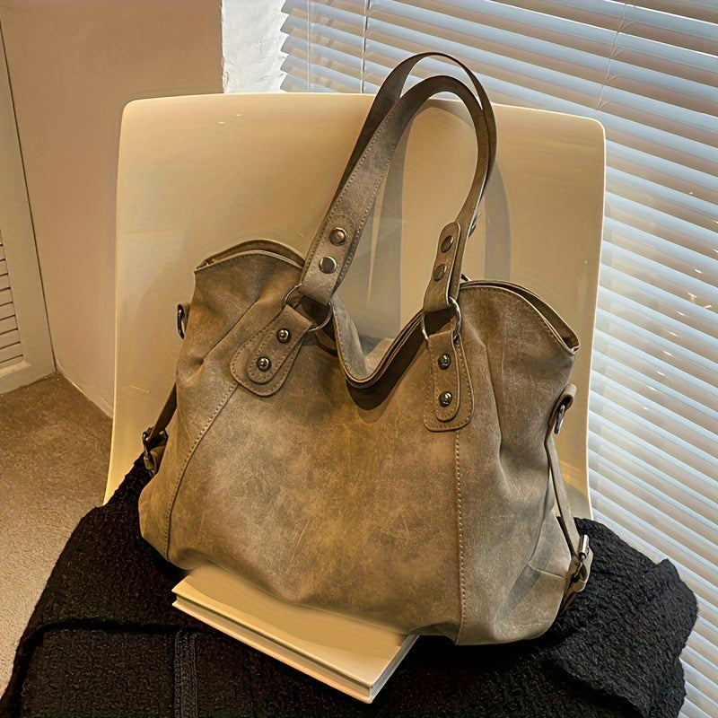 realaiot  Vintage Large Capacity Tote Bag, Retro PU Shoulder Hobo Bag, Women's Casual Handbag, Crossbody Bag & Purse