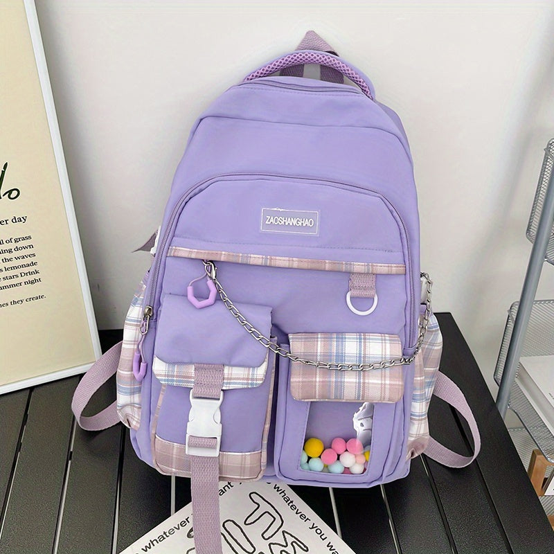 realaiot  Kawaii Plaid Pattern  Laptop Backpack, Preppy Style Student School Bag, Multi Pocket Travel Bookbag For Teen Girls