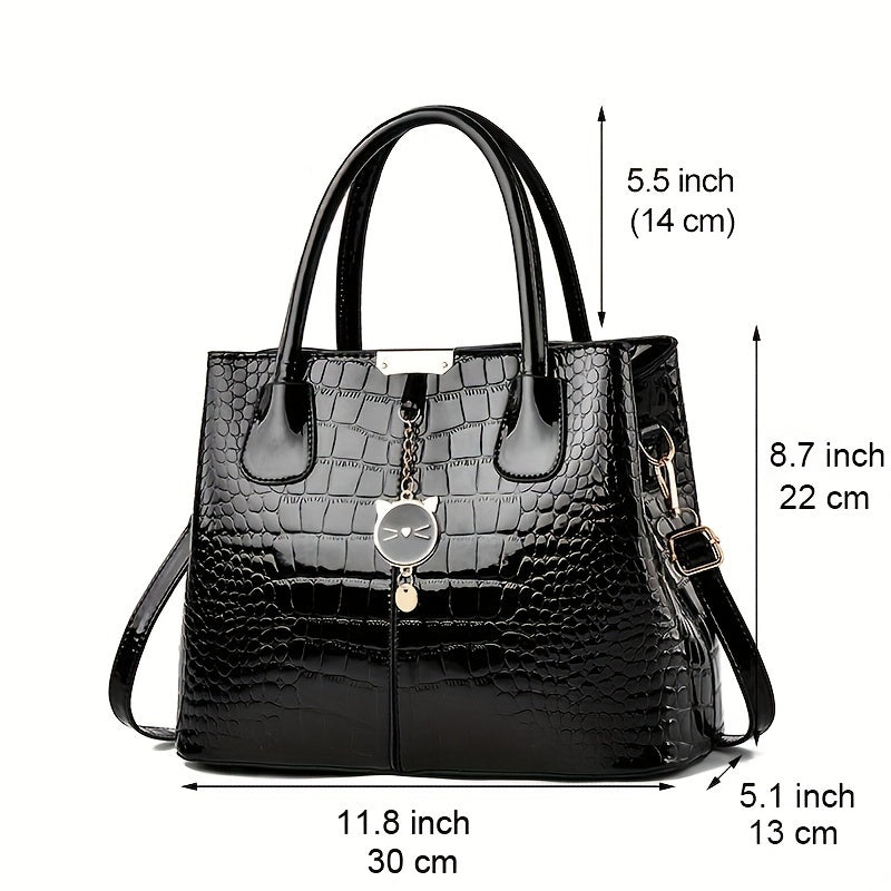 realaiot  Crocodile Pattern Handbag, Stylish Glossy Crossbody Bag, Women's Top Handle Satchel Purse