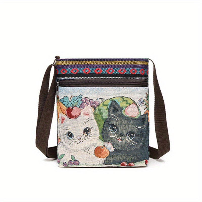 realaiot  Ethnic Style Canvas Crossbody Bag, Animal Embroidery Square Purse, Women's Phone Bag For Work & Travel