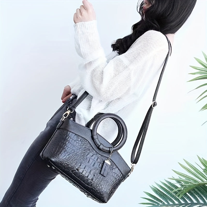 Women's Vintage Shoulder Bag, Crocodile Pattern Satchel Bag With Round Strap, Versatile Handbag