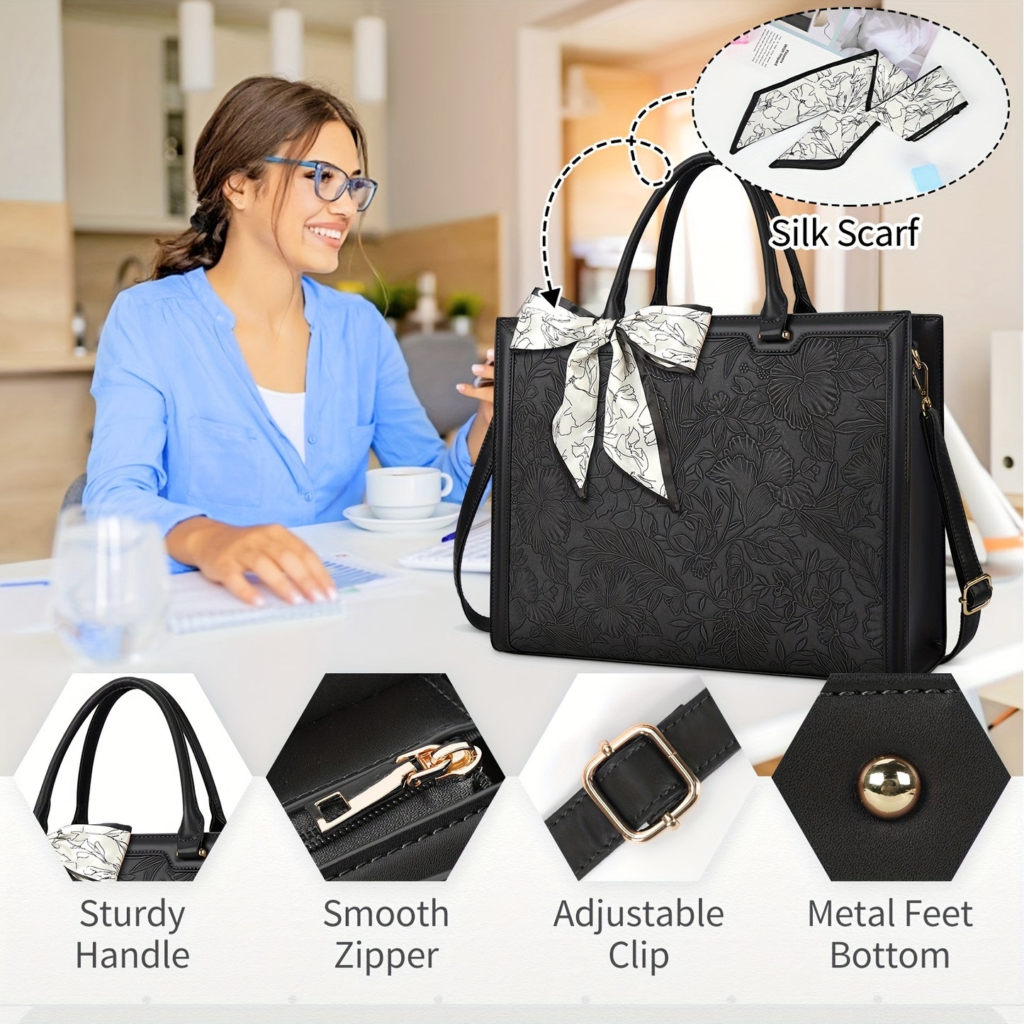 Laptop Bag For Women 39.62 Cm Tote Waterproof PU Leather Computer Business Lightweight Office Briefcase Large Capacity Handbag Shoulder Black