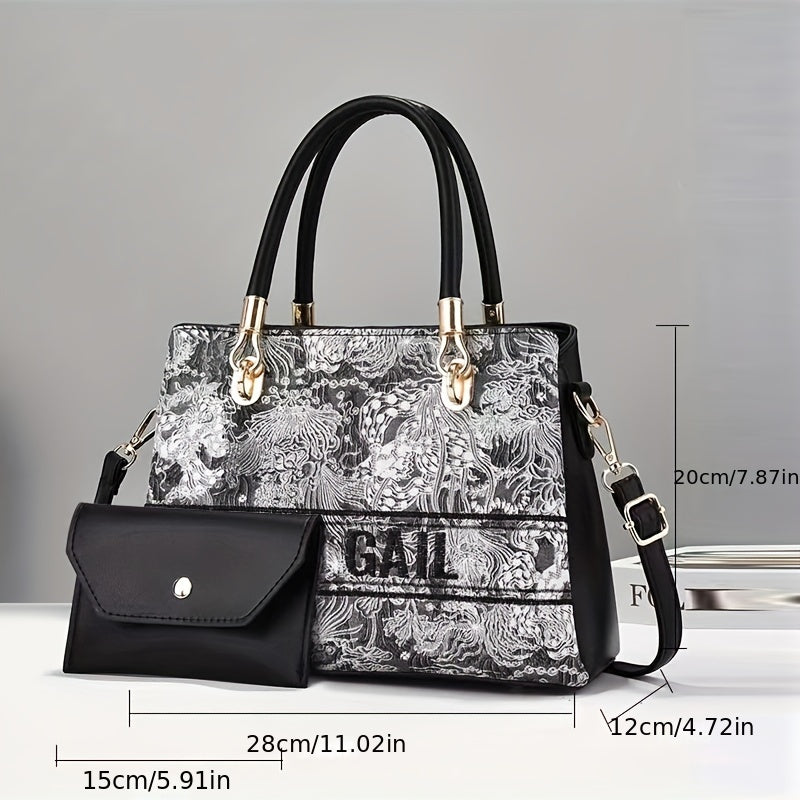 realaiot  2pcs Flower Embroidery Handbag Set, Elegant Tote Bag With Clutch Purse, Women's Luxury Crossbody Bag