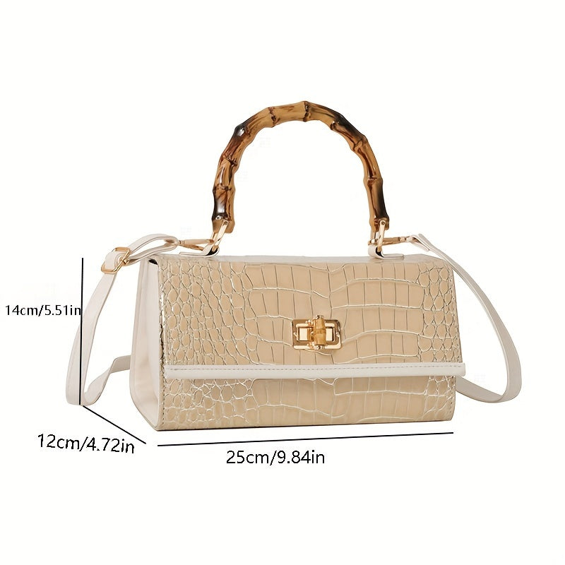 realaiot  Crocodile Pattern Handbag For Women, Retro Square Crossbody Bag, Fashion Shoulder Purse With Faux Bamboo Handle