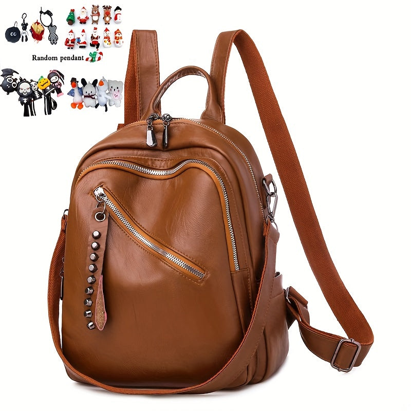 realaiot  Retro Solid Color Backpack, Waterproof Durable PU Leather Backpack With Pendant, Women's Fashion Simple School Bag & Purse