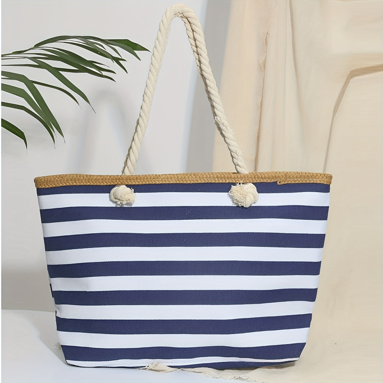 realaiot  1pc Stylish Striped Canvas Tote Bag with Large Capacity for Women - Perfect for Beach, Travel, and Everyday Use