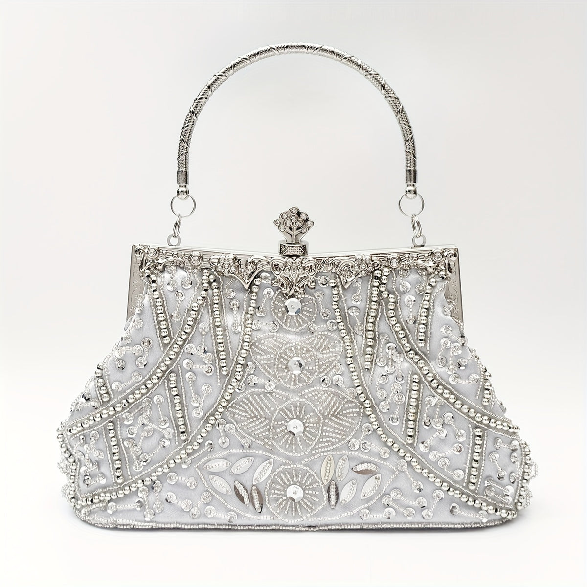 Vintage Beaded Sequin Evening Bag, Portable Handle Exquisite Clasp Clutch Handbag, Detachable Chain Strap Elegant Shoulder Bag
