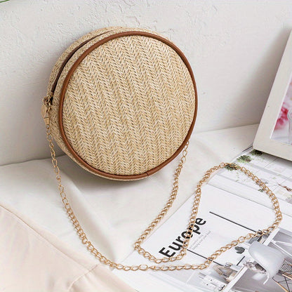 realaiot  Fashion Straw Round Bag, Women's Chain Crossbody Bag, Mini Summer Beach Bag For Holiday