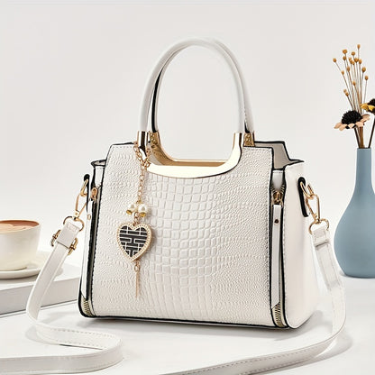 Heart Charms Decor Handbag, Stylish Crossbody Bag For Women, Elegant Glossy Satchel Purse