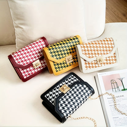 Stylish Houndstooth Pattern Square Bag, Trendy Crossbody Bag, Women's Flap Purse