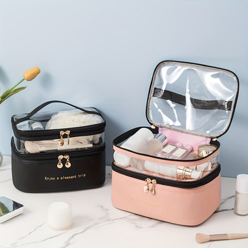 realaiot  Large Capacity Double-layer Cosmetic Bag, PU Transparent Portable Travel Storage Bag Toiletry Bag