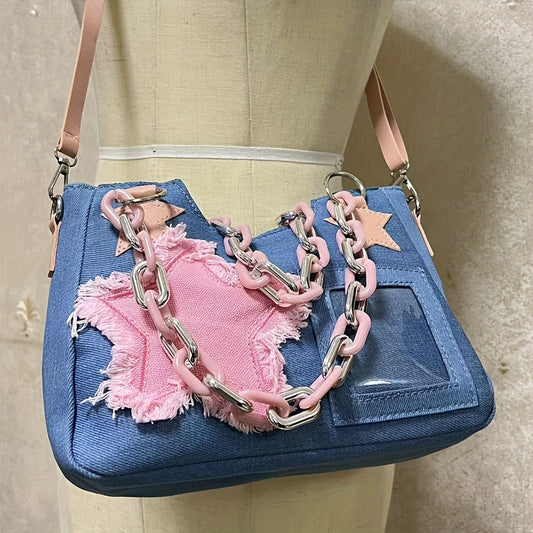 Y2K Denim Shoulder Bag, Vintage Star Patch Decor Handbag, Trendy Chain Underarm Purse For Women