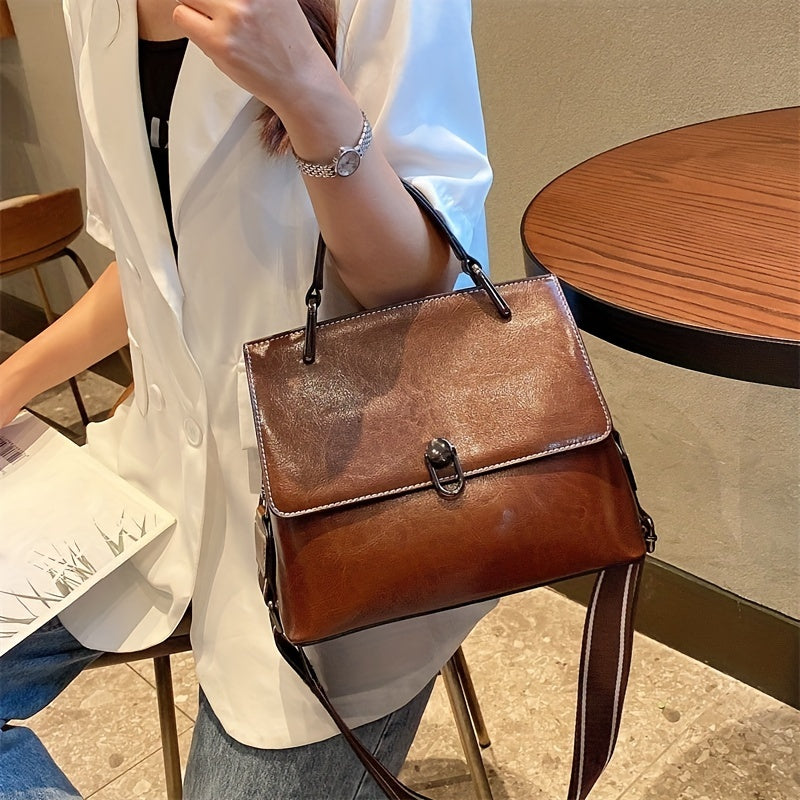 realaiot  Vintage Oil Wax Leather Handbag For Women, Trendy Wide Strap Crossbody Bag, Top Handle Satchel Office & Work Purse