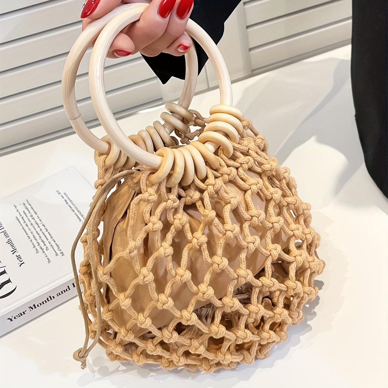 realaiotHollow Out Woven Handbag, Fashion Drawstring Bucket Bag, Women Round Handle Clutch Bag