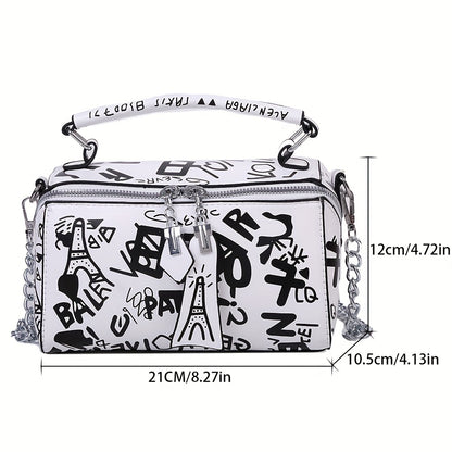 Graffiti Handbags For Women, Trendy Chain Crossbody Bag, Small Zipper Box Purse