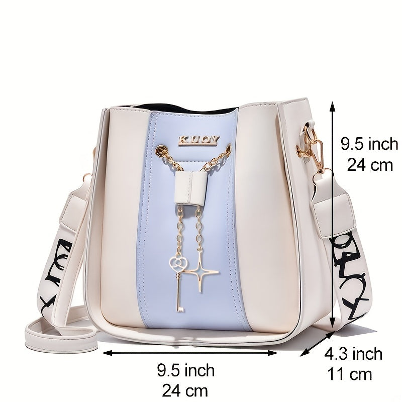 realaiot  Color Contrast Bucket Bag, Chain Decor Purse For Women, Fashion Crossbody Bag With Wide Strap