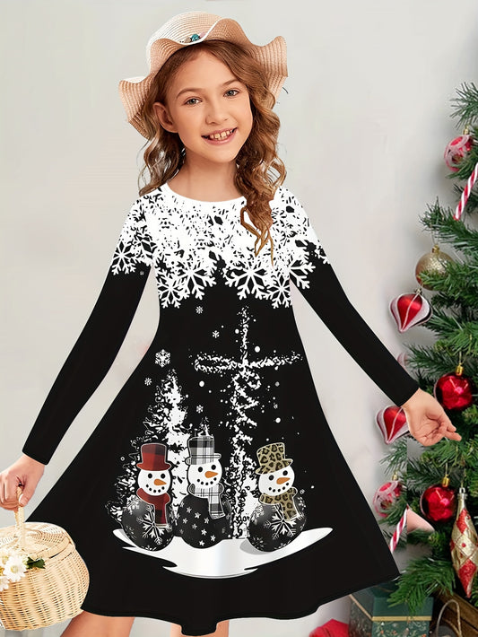 Adorable Snowman & Snowflake 3D Print Long Sleeve Dress for Girls - Perfect for Christmas, Fall/Winter Collection