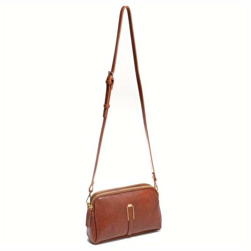 realaiot  Minimalist Crossbody Bag, Solid Color Double Zipper Bag, Women's Classic Faux Leather Purse
