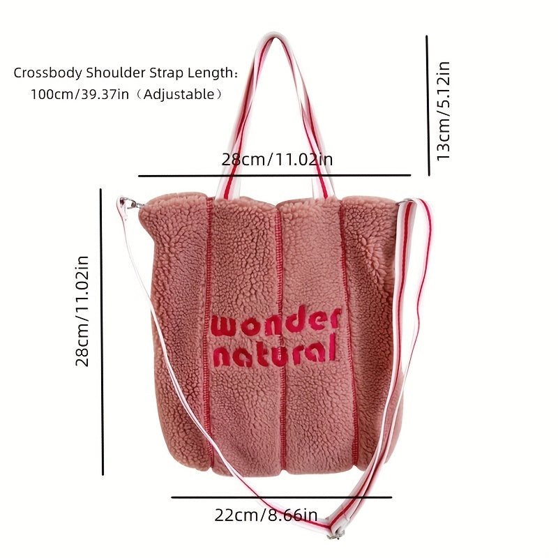 realaiot  Aesthetic Plush Tote Bag For Women, Letter Embroidery Crossbody Bag, Cute Autumn Winter Furry Shoulder Bag