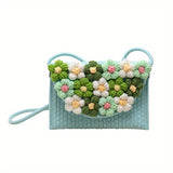 realaiot  Flower Handwoven Crossbody Bag, Cute Colorblock Shoulder Bag, Women's Casual Handbag & Purse