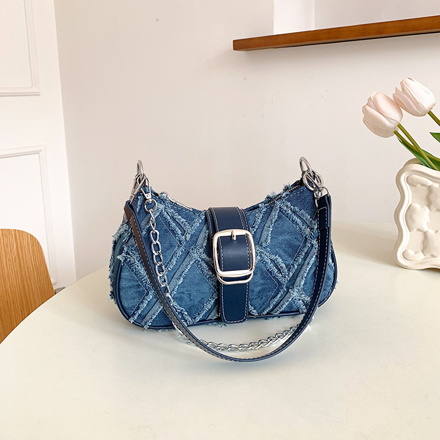 Y2K Denim Crossbody Handbag, Chain Decor Shoulder Bag, Buckle Decor Stitch Chain Baguette Bag