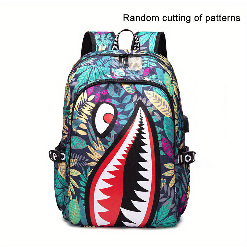 Shark Pattern Backpack, Trendy Nylon Student School Bag, Lightweight Travel Bookbag With USB Charging Port