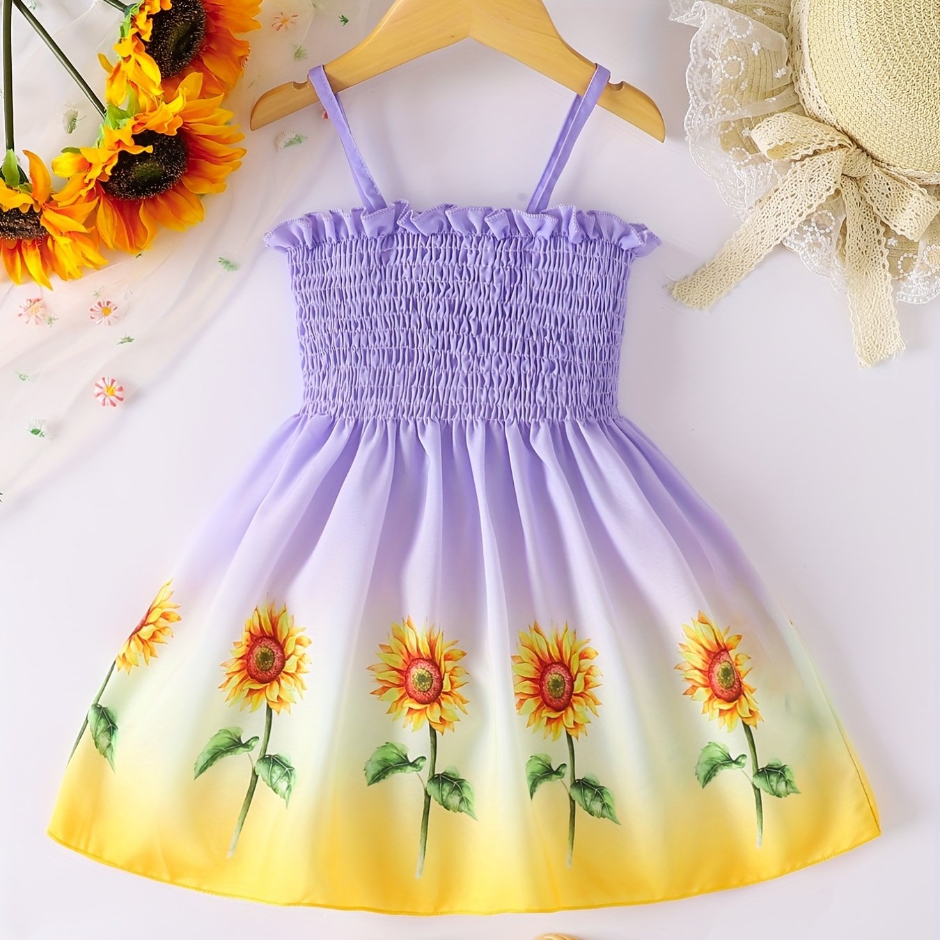 Toddler Girls Gradient Color Sunflower Graphic Frill Trim Shirred Cami Princess Dress For Party Beach Vacation Kids Summer Clothes 4th Of July Outfit